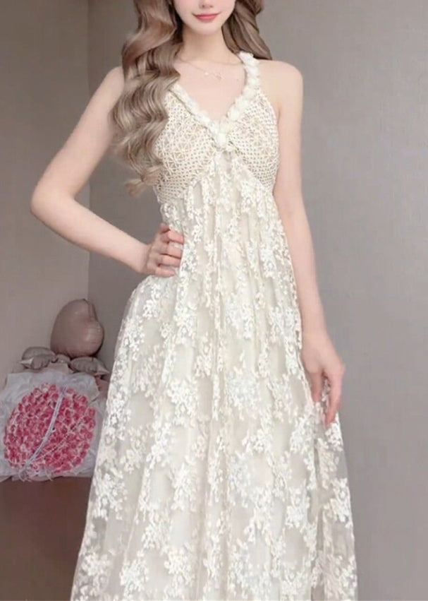 Women White V Neck Exra Large Hem Lace Spaghetti Strap Dress Summer - View 4