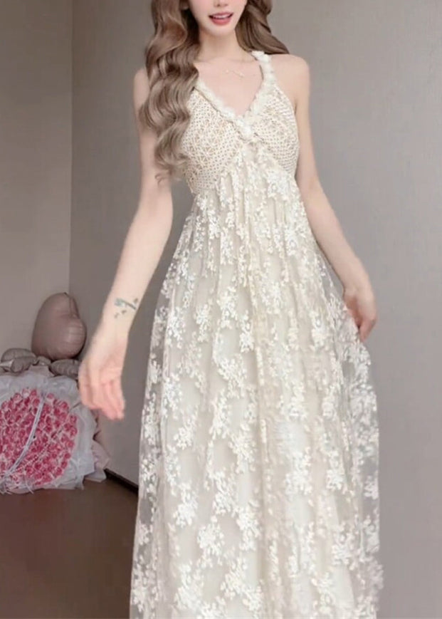 Women White V Neck Exra Large Hem Lace Spaghetti Strap Dress Summer - View 5