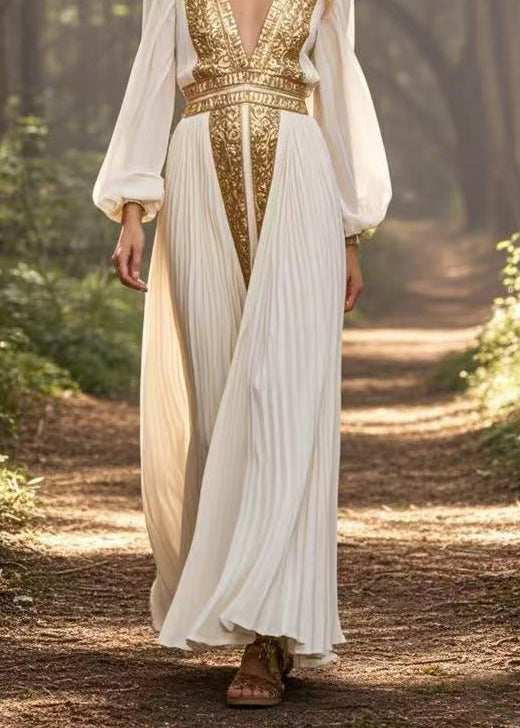 Metallic Embroidery Deep V-Neck Bishop Sleeve Accordion Maxi Gown - View 4