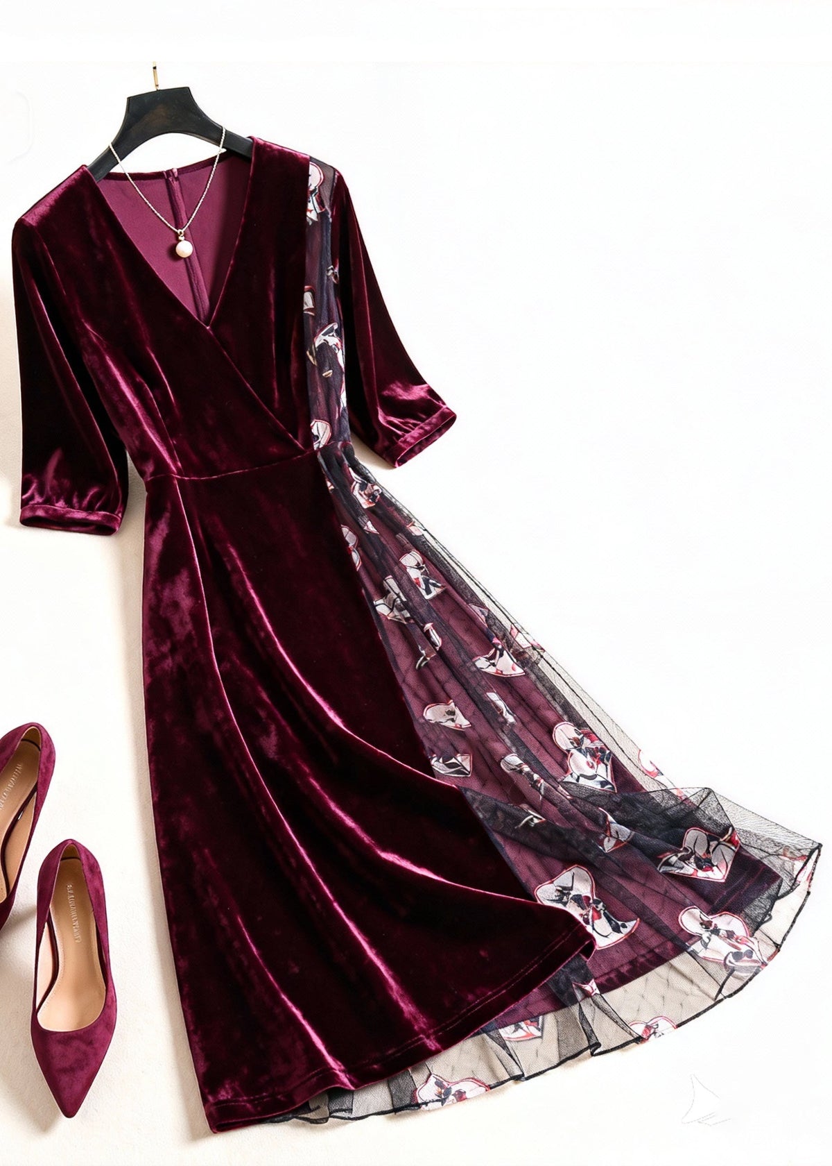 Velvet Wrap V-Neck Elbow Sleeve Mesh Panel Graphic Print Midi Dress