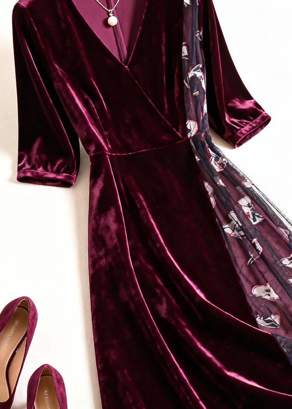 Velvet Wrap V-Neck Elbow Sleeve Mesh Panel Graphic Print Midi Dress - View 4