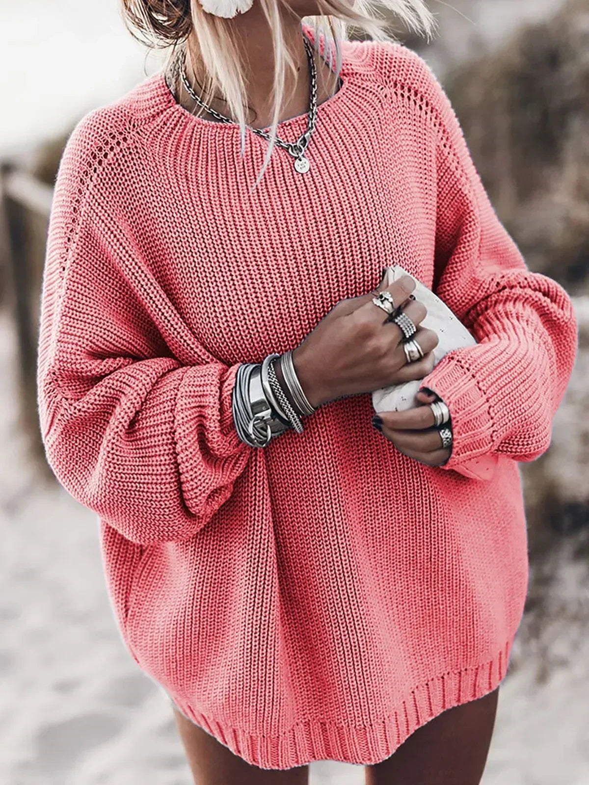 Simple Knit Elastic Winter Sweater Pink / S