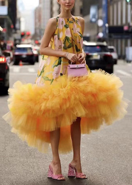 Floral Print Sleeveless High Neck Tulle Ruffle Hem Party Dress - View 2