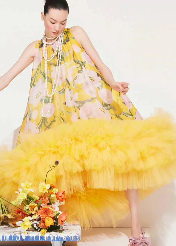 Floral Print Sleeveless High Neck Tulle Ruffle Hem Party Dress - View 3