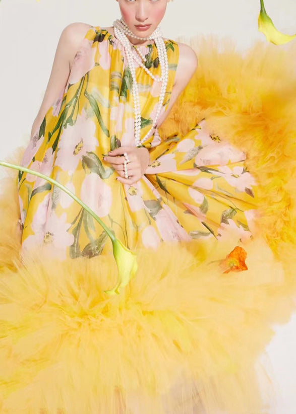 Floral Print Sleeveless High Neck Tulle Ruffle Hem Party Dress - View 4