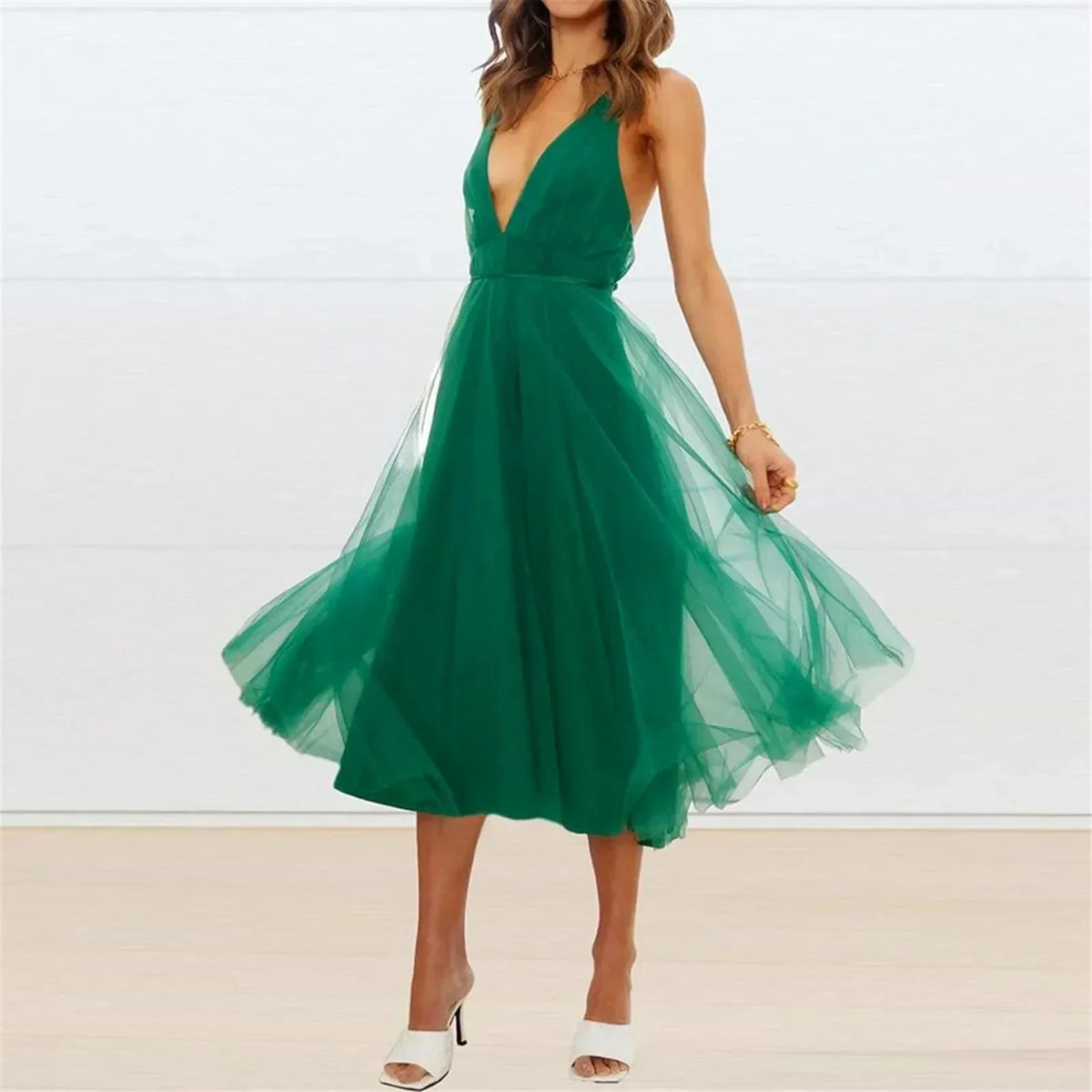 Tulle Deep V-Neck Backless A-Line Midi Dress - View 3