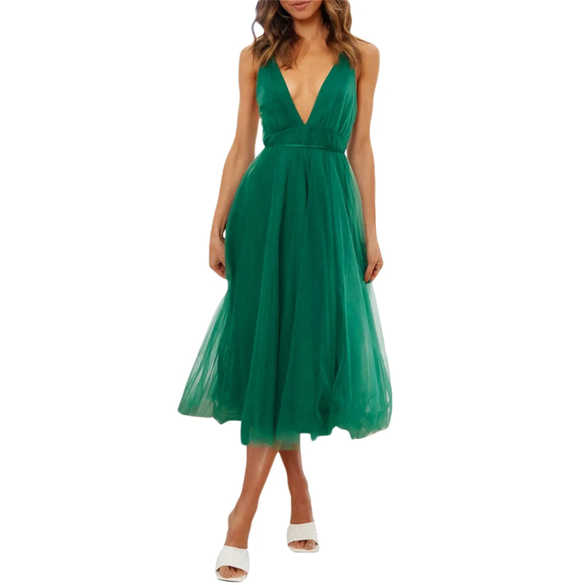 Tulle Deep V-Neck Backless A-Line Midi Dress - View 4