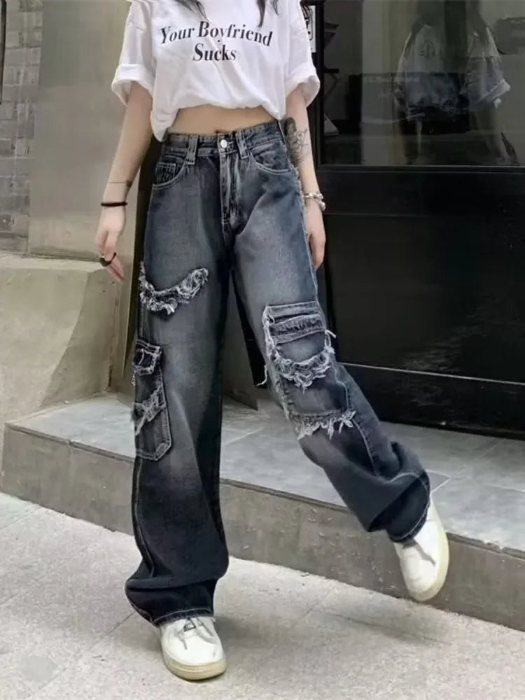 High-Waist Vintage Washed Distressed Wide-Leg Denim Jeans