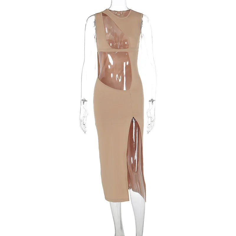Crew Neck Sleeveless Cut Out High Split Bodycon Maxi Dress - View 5