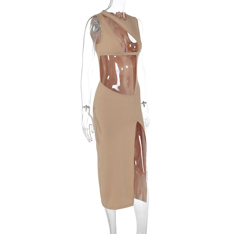 Crew Neck Sleeveless Cut Out High Split Bodycon Maxi Dress - View 6