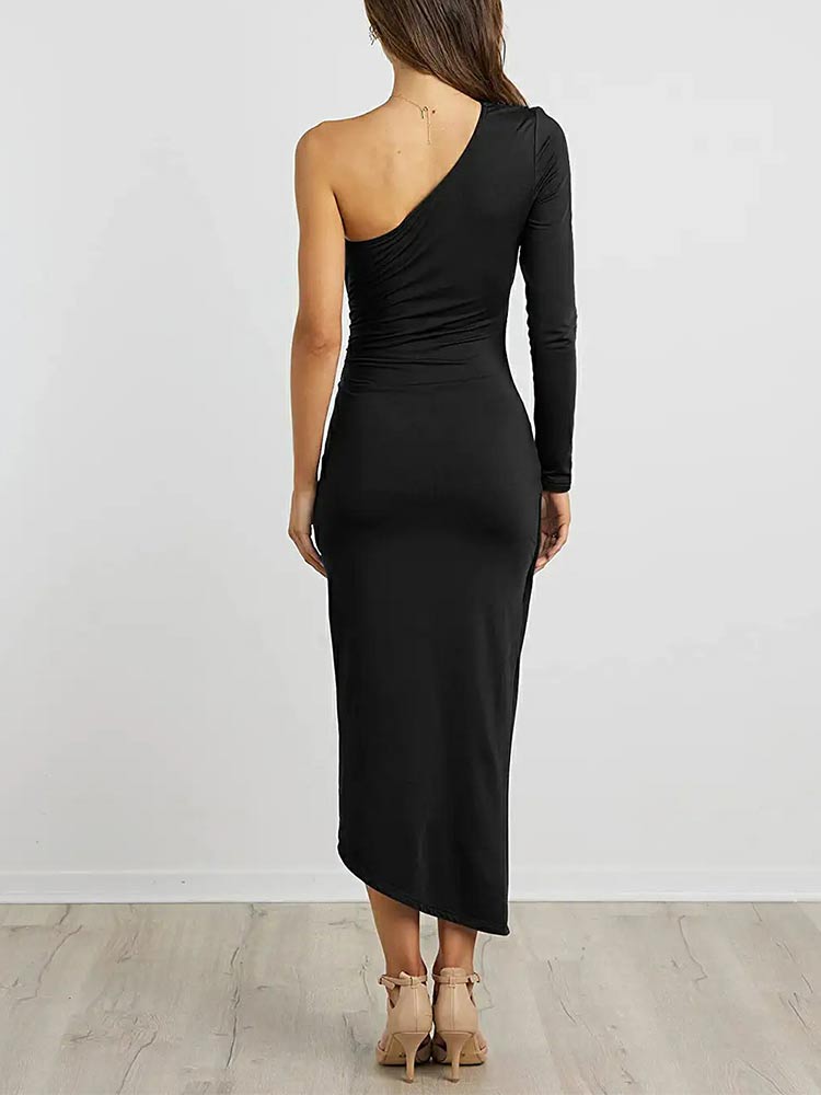 One Shoulder Long Sleeve Ruched Tie Waist Wrap Bodycon Midi Dress - View 6