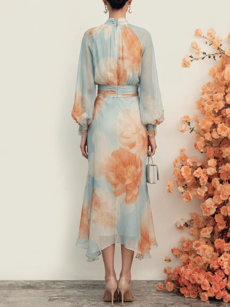 Floral Mock Neck Long Sleeve Top and Skirt Two Piece Set 2