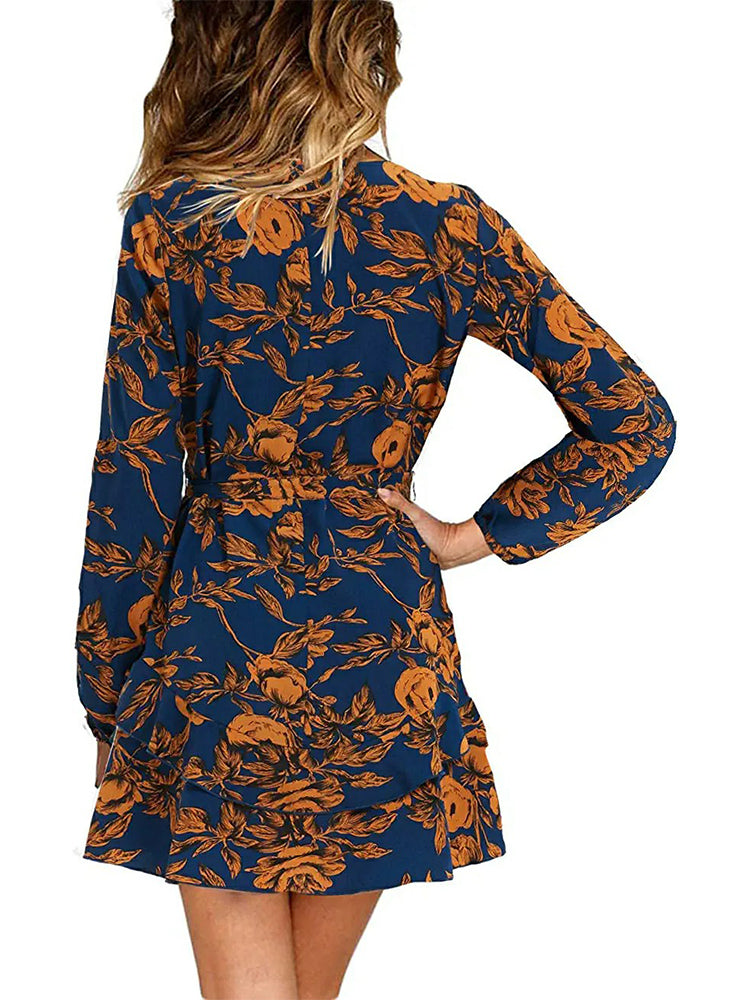 Floral Deep V-Neck Long Sleeve Wrap Ruffle Mini Dress - View 3