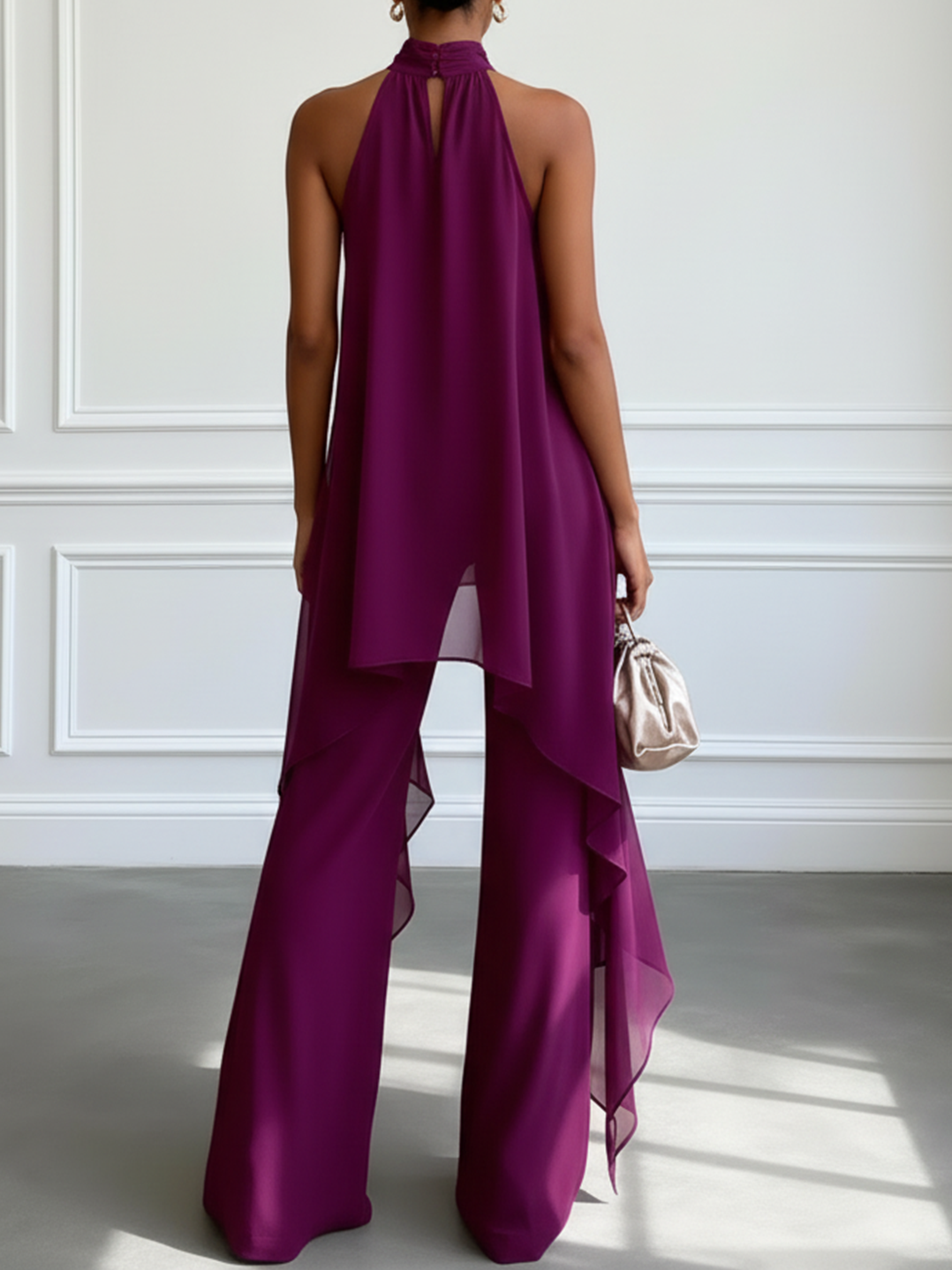 Halter Neck Chiffon Overlay Top and Wide Leg Pants Two Piece Set 2