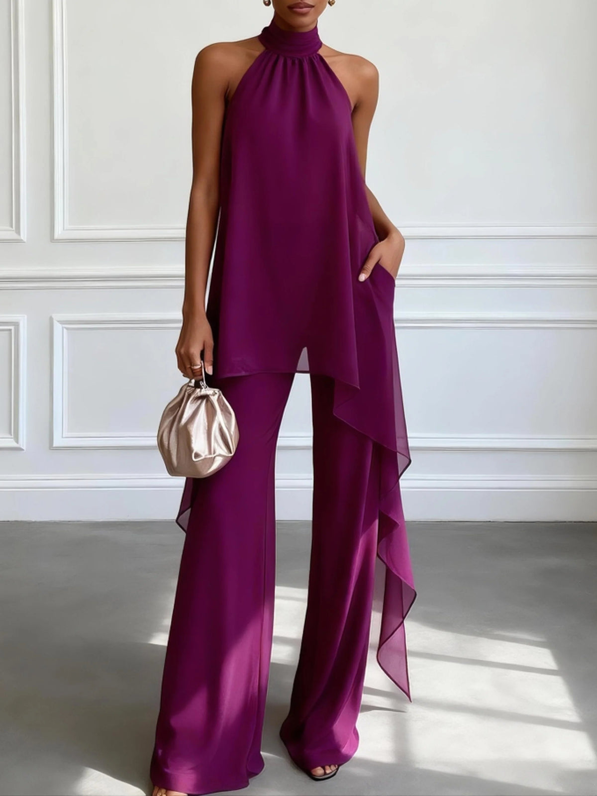 Halter Neck High Low Top and Wide Leg Pants Two Piece Set