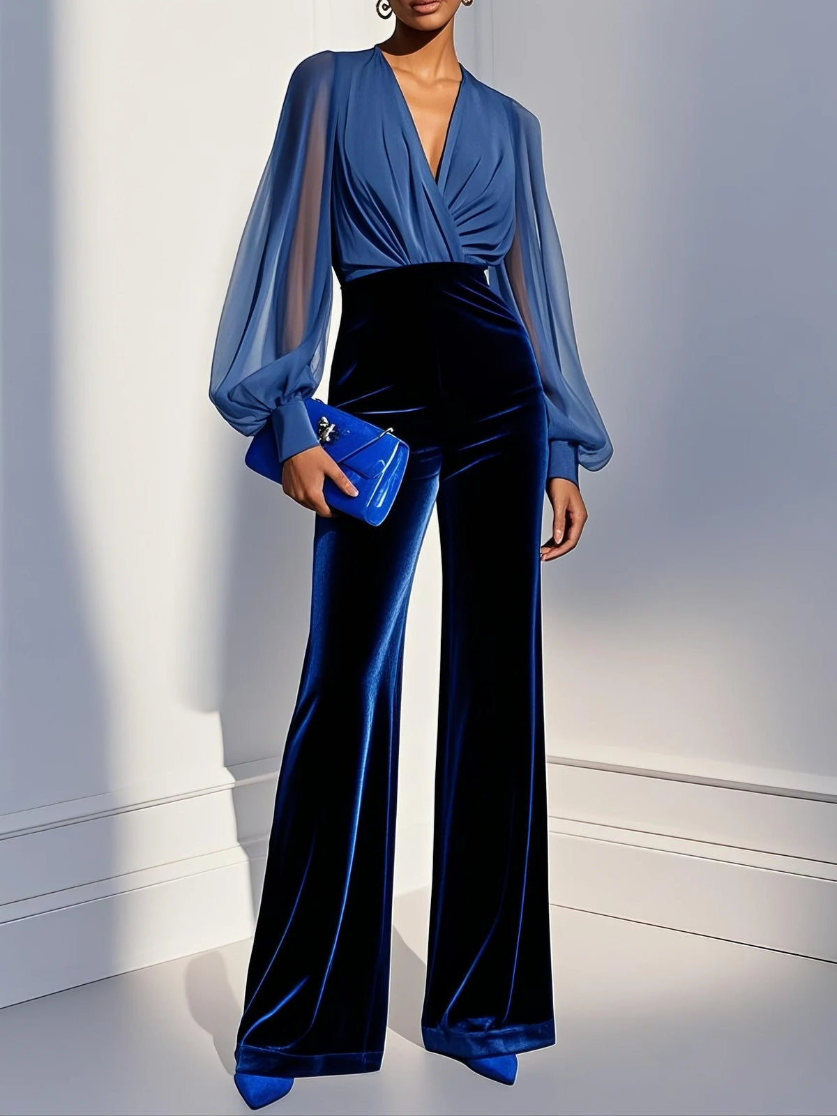 Velvet Sheer Long Sleeve V-Neck Wide Leg Jumpsuit