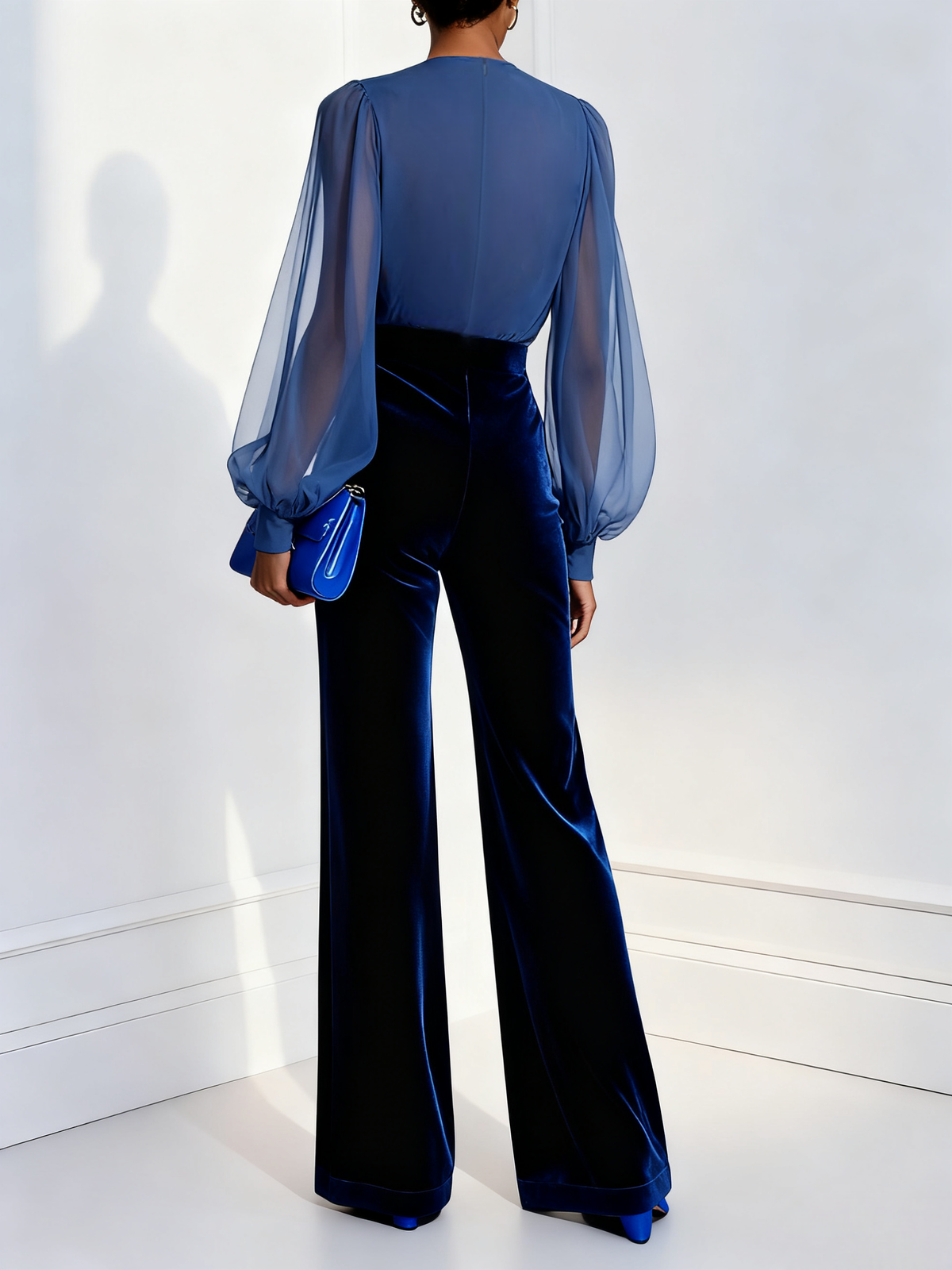 V-Neck Sheer Puff Sleeve Velvet Wide Leg Jumpsuit 2