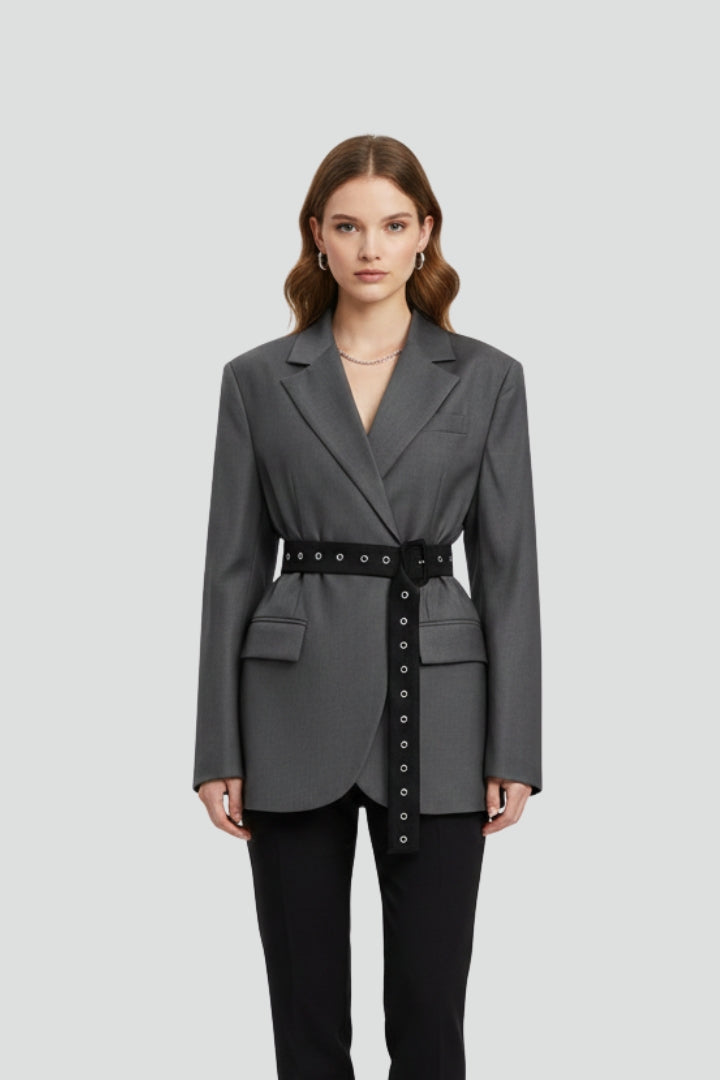 Notched Lapel Eyelet Belted Blazer 2