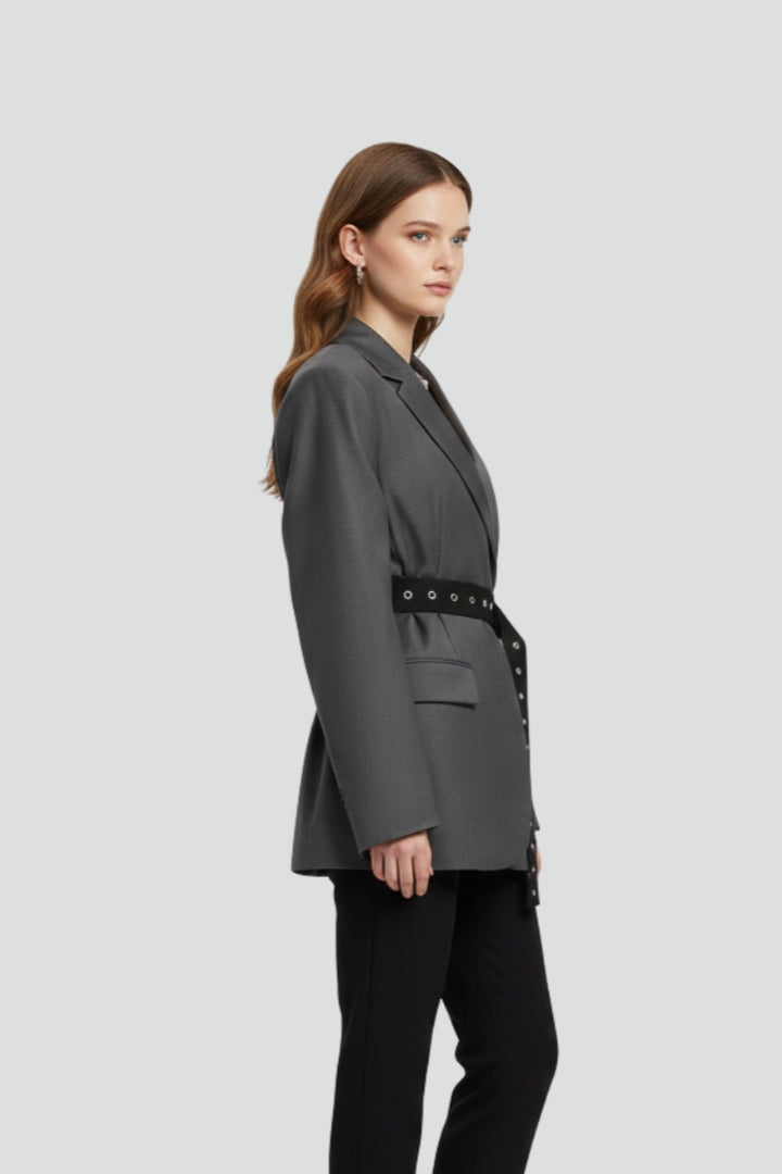 Notched Lapel Eyelet Belted Blazer 3