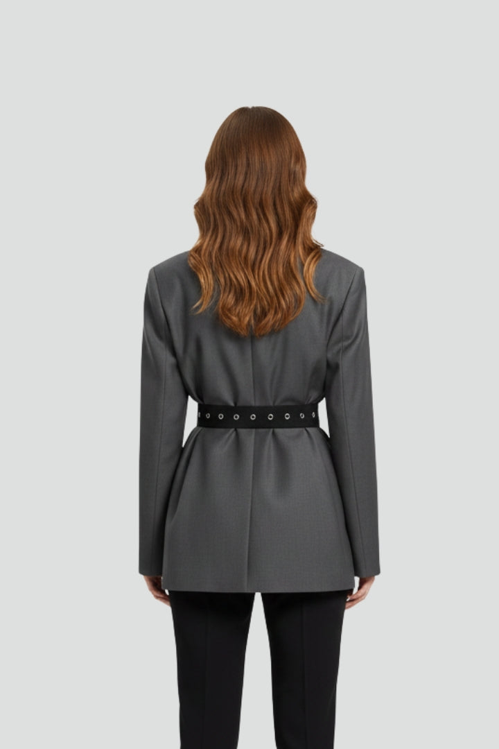 Notched Lapel Eyelet Belted Blazer 4