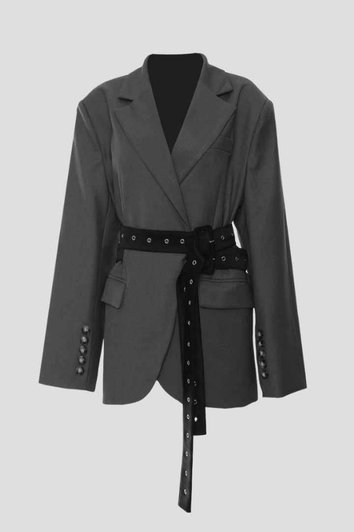 Notched Lapel Eyelet Belted Blazer