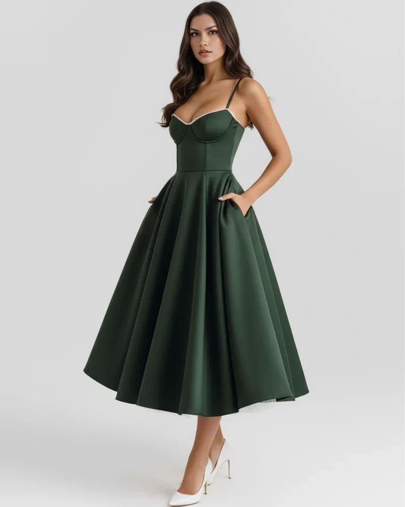 Spaghetti Strap Corset Bustier Full Skirt Midi Dress 10
