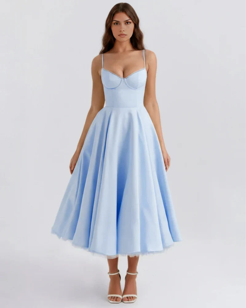 Spaghetti Strap Corset Bustier Full Skirt Midi Dress 11
