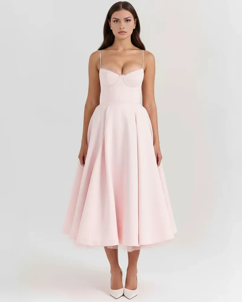Spaghetti Strap Corset Bustier Full Skirt Midi Dress