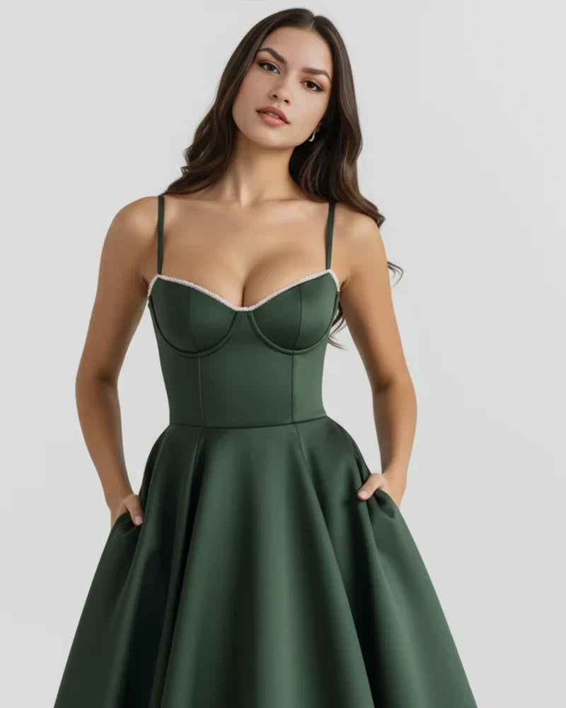 Spaghetti Strap Corset Bustier Full Skirt Midi Dress 9