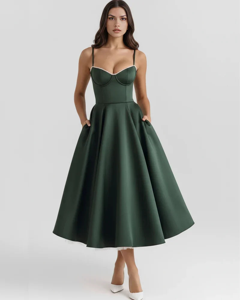 Spaghetti Strap Corset Bustier Full Skirt Midi Dress 8