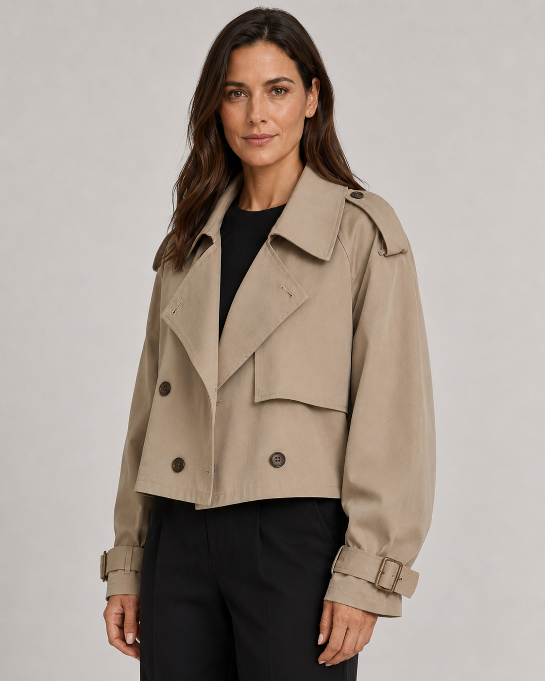 Double Breasted Buckle Cuff Cropped Trench Coat 5