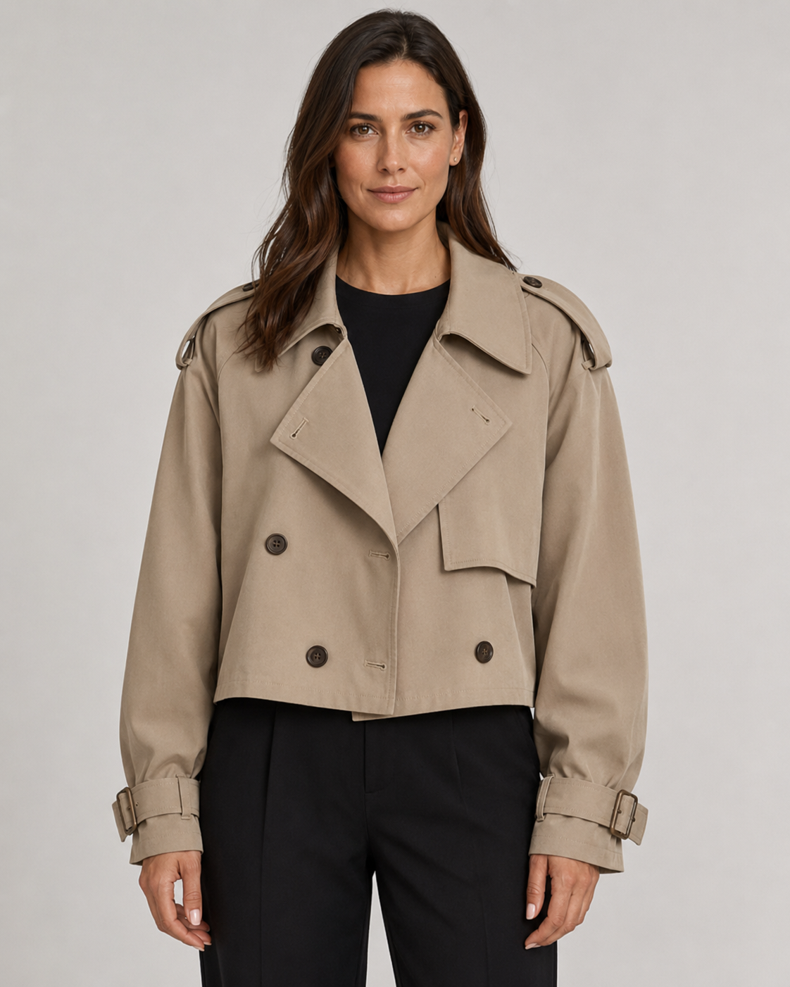 Double Breasted Buckle Cuff Cropped Trench Coat