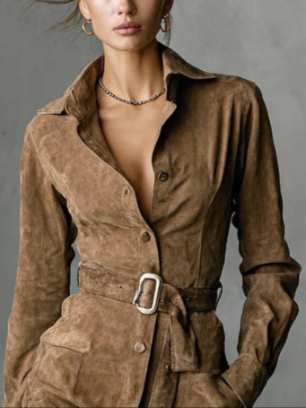 Collared Button Front Belted Suede Look Shirt Dress 3