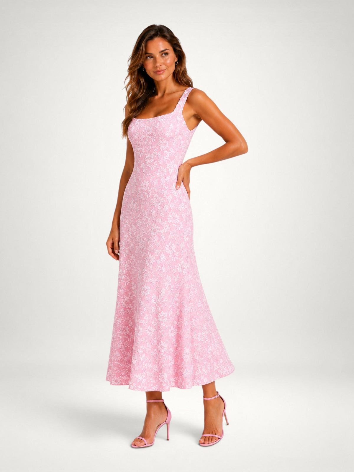 Floral Square Neck Sleeveless Fit and Flare Midi Dress 3