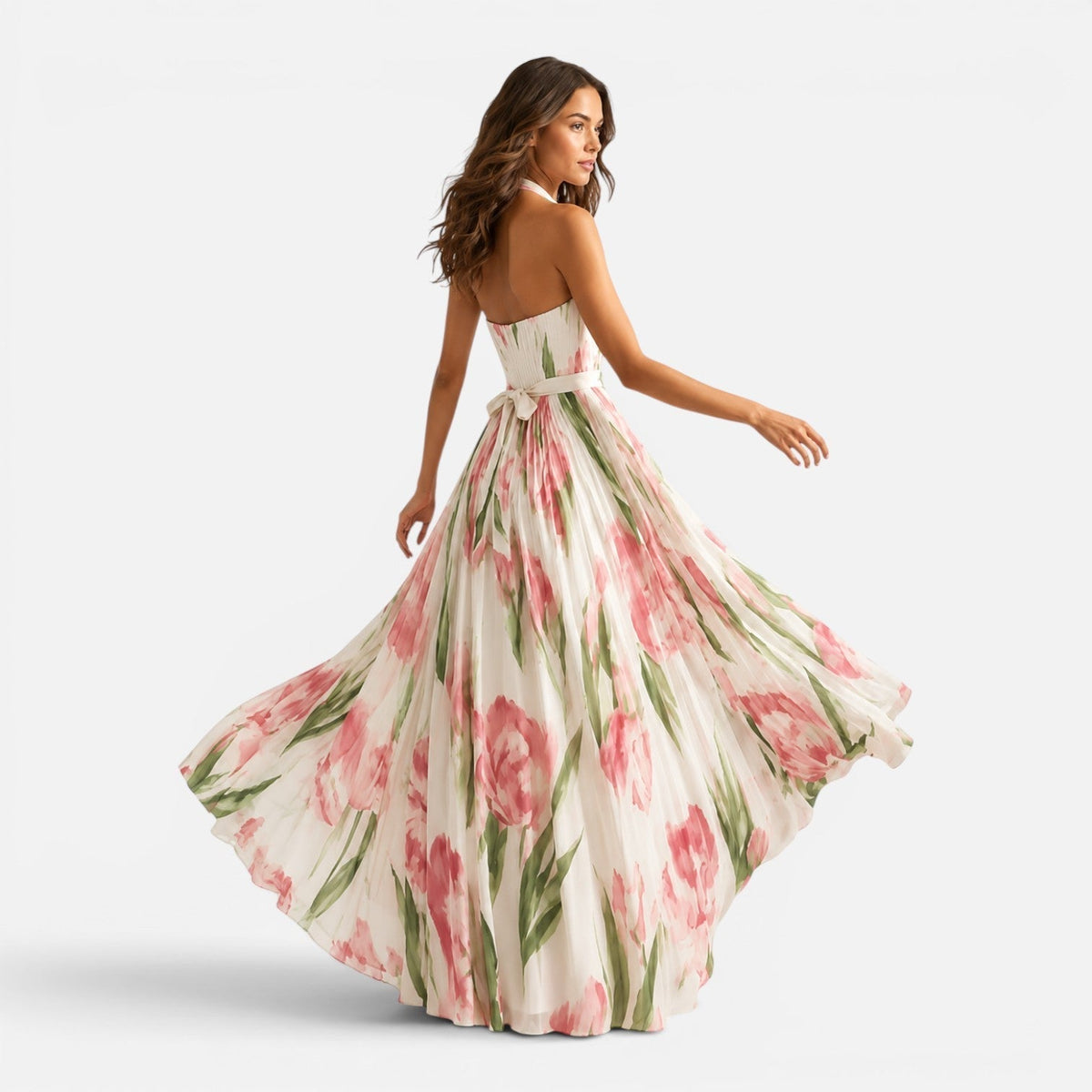 Floral Halter Neck V-Neck Pleated Maxi Gown 2