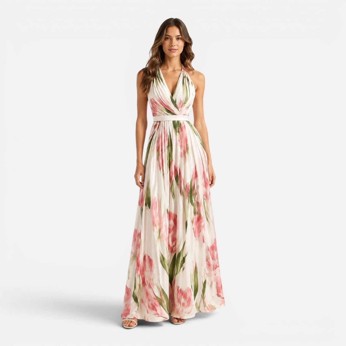Floral Halter Neck V-Neck Pleated Maxi Gown