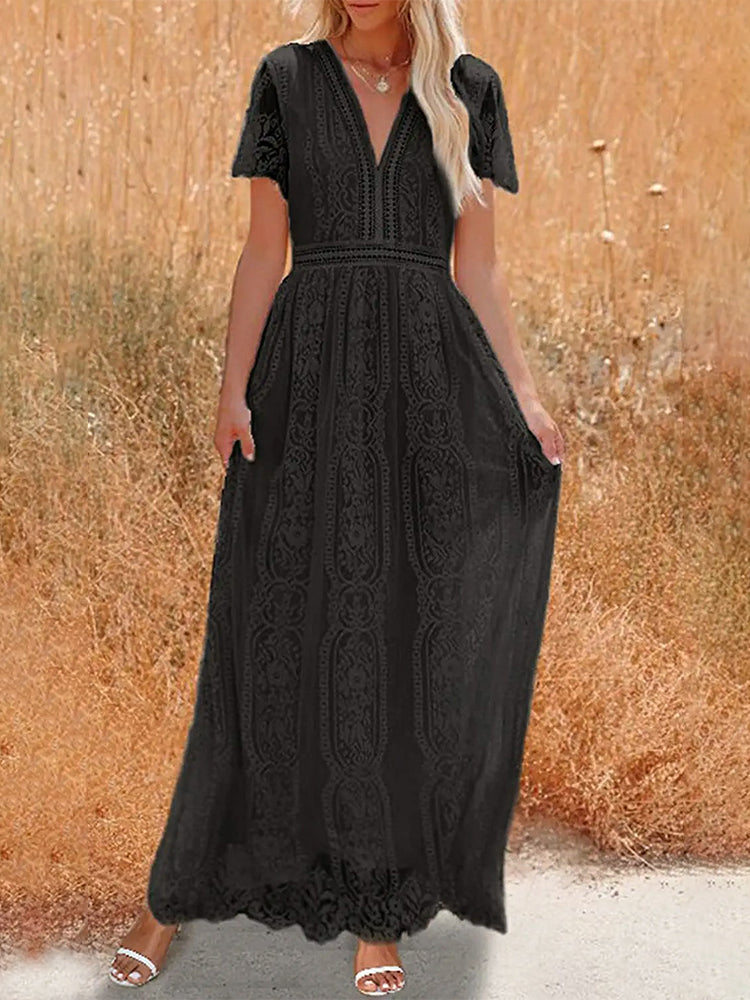 Lace V-Neck Flutter Sleeve Boho A-Line Maxi Dress - View 5