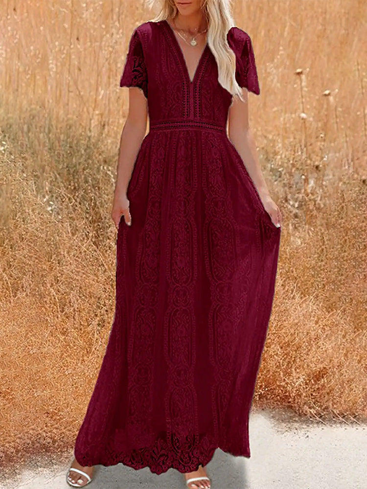 Lace V-Neck Flutter Sleeve Boho A-Line Maxi Dress - View 9