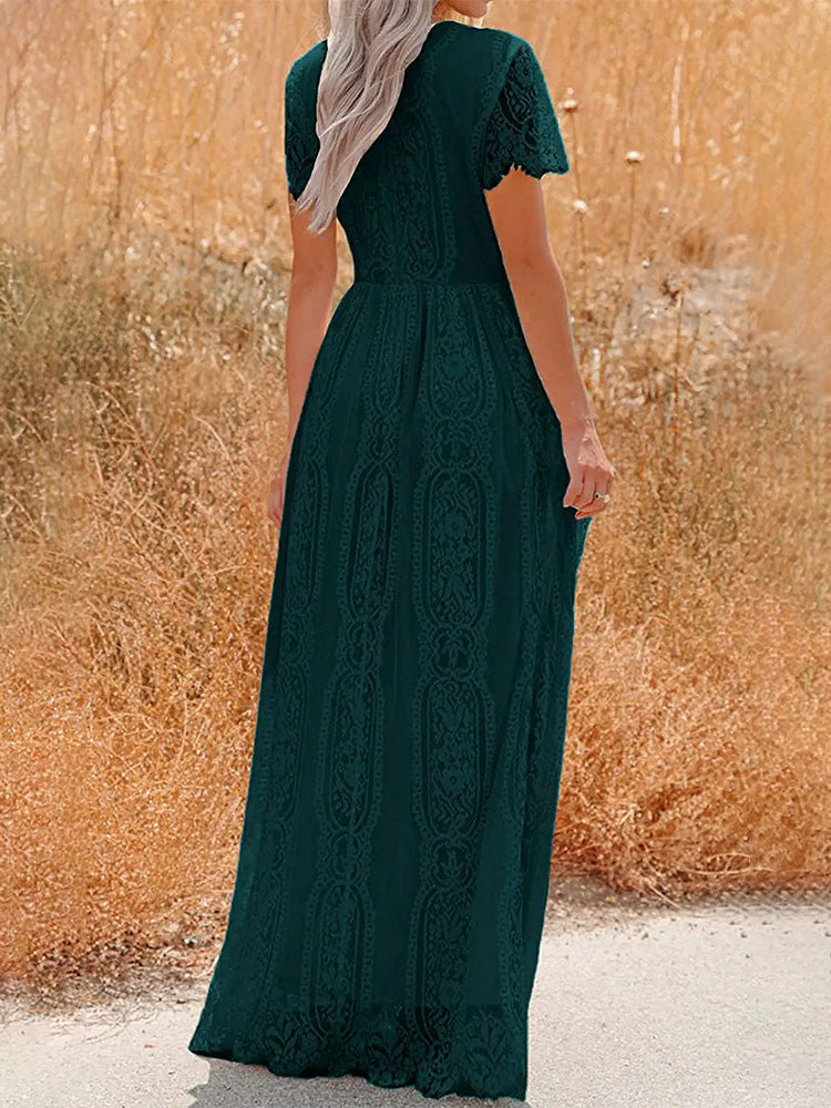 Lace V-Neck Flutter Sleeve Boho A-Line Maxi Dress - View 2