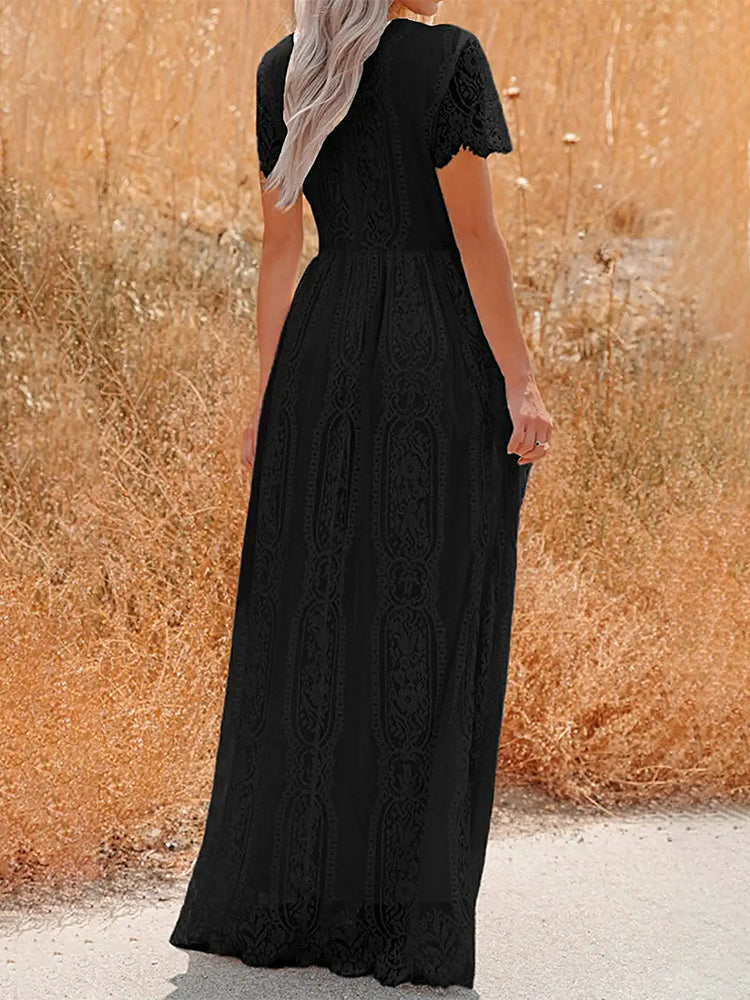 Lace V-Neck Flutter Sleeve Boho A-Line Maxi Dress - View 6