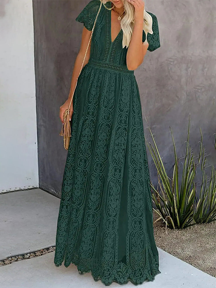 Lace V-Neck Flutter Sleeve Boho A-Line Maxi Dress - View 3