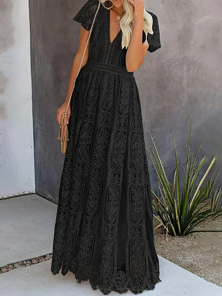 Lace V-Neck Flutter Sleeve Boho A-Line Maxi Dress - View 8