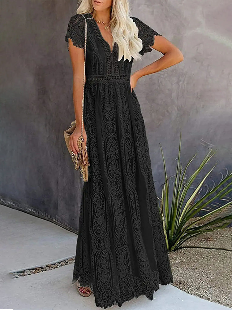 Lace V-Neck Flutter Sleeve Boho A-Line Maxi Dress - View 7