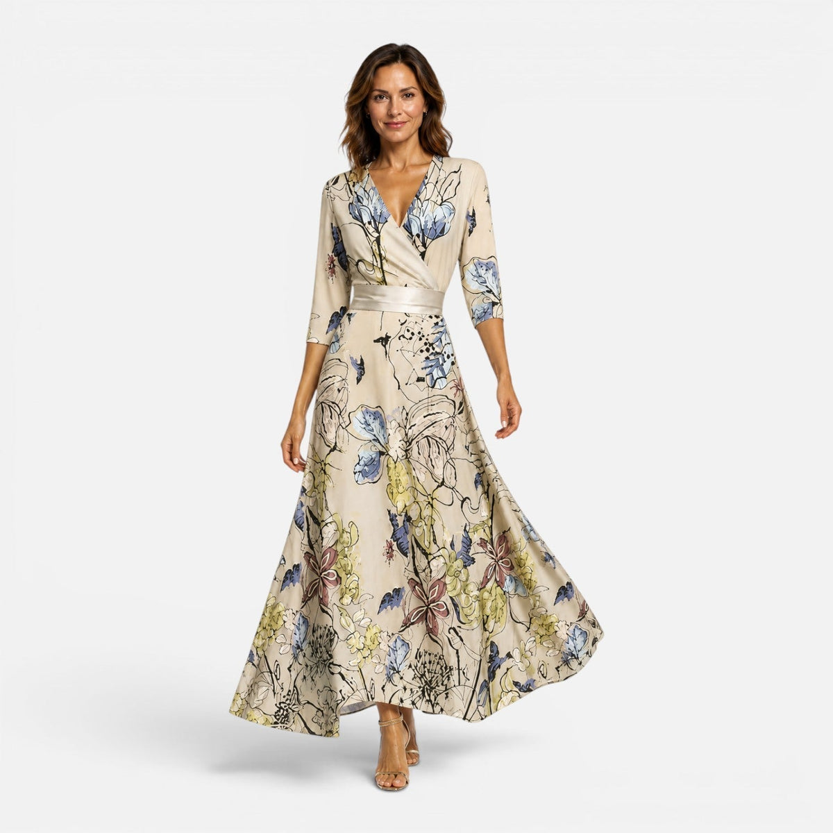 Floral V-Neck Wrap Fit and Flare Maxi Dress 3