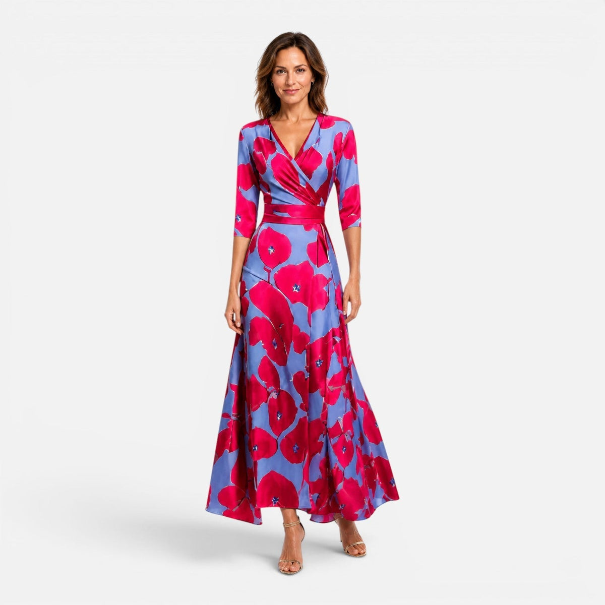 Floral V-Neck Wrap Fit and Flare Maxi Dress