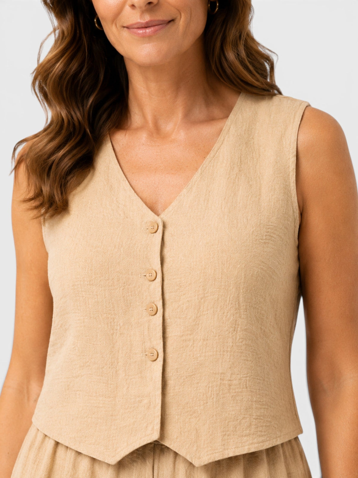 Button Front Vest and Wide Leg Pants Linen Look Two Piece Set 4