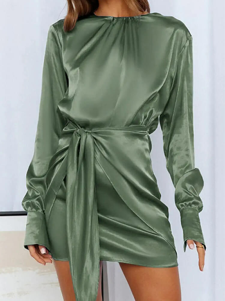 Satin Round Neck Long Sleeve Tie Waist Cocktail Mini Dress - View 7