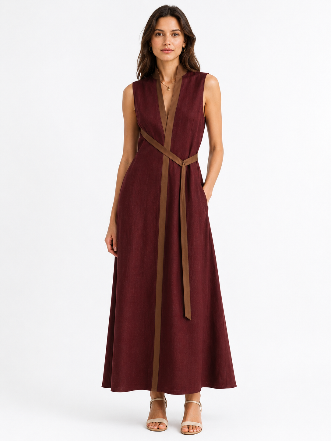 V-Neck Contrast Trim Belted Sleeveless Maxi Dress