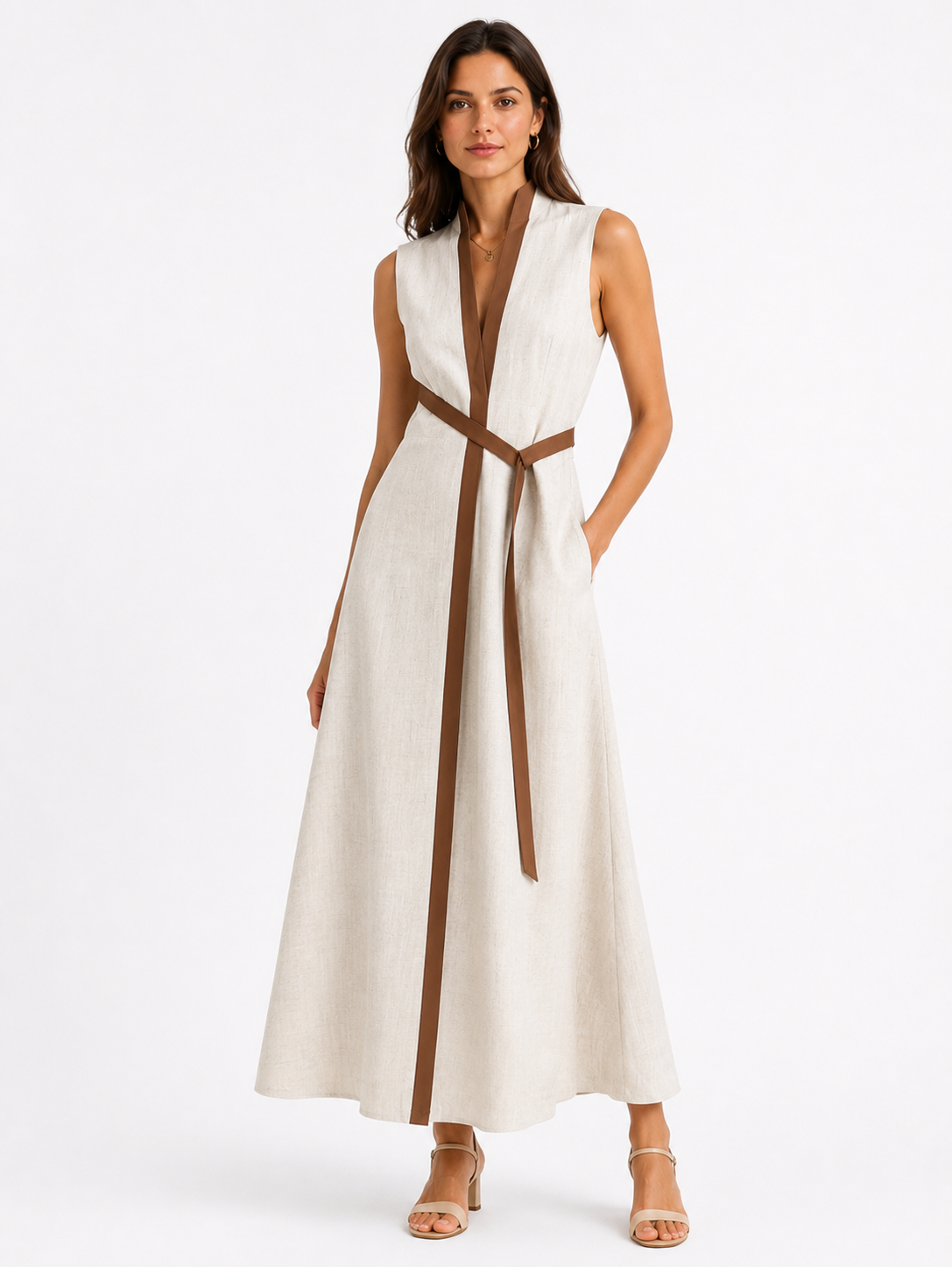 V-Neck Contrast Trim Belted Sleeveless Maxi Dress 3