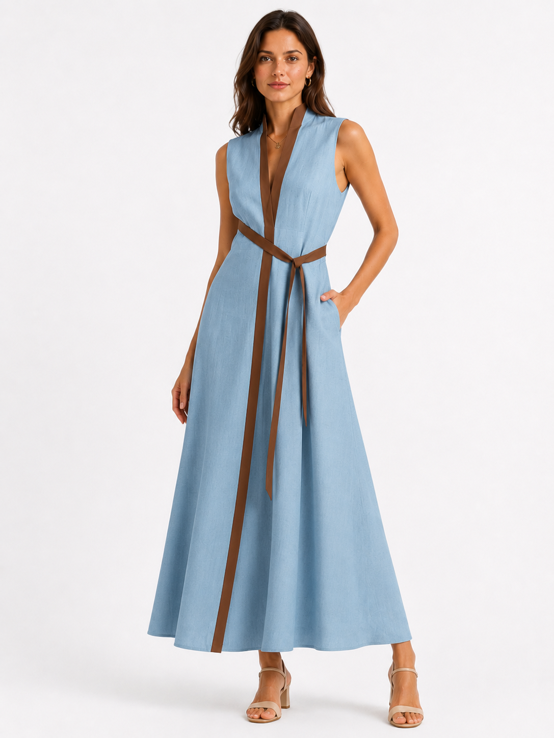 V-Neck Contrast Trim Belted Sleeveless Maxi Dress 4